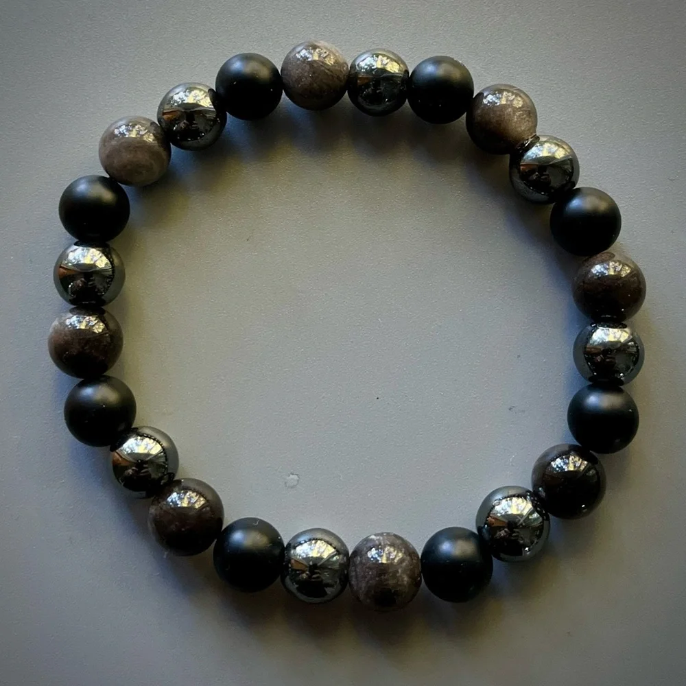 Matte Onyx, Silver Obsidian and Black Hematite Handcrafted Bead Bracelet